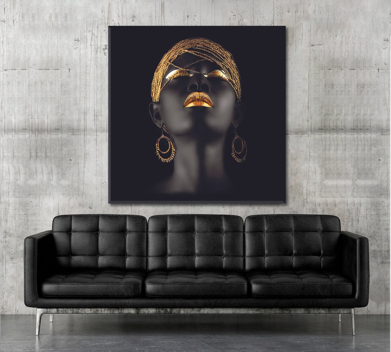 BEAUTIFUL Black and Gold African Woman Fantastic Make Up Face | Square Fashion Canvas Print Artesty   