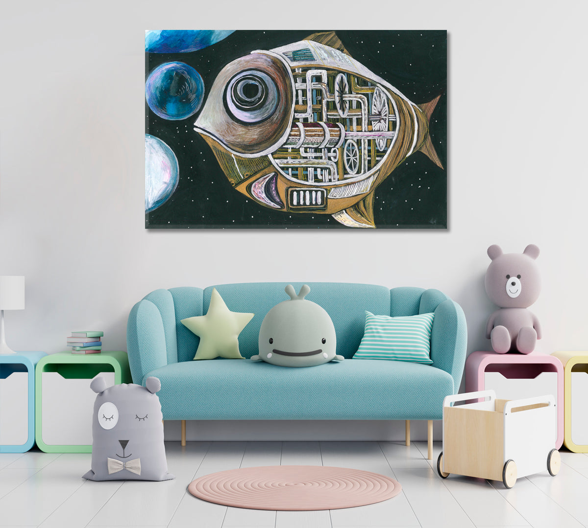 Big Space Mechanical Fish Surreal Abstract Steampunk Style Contemporary Art Artesty 1 panel 24" x 16" 
