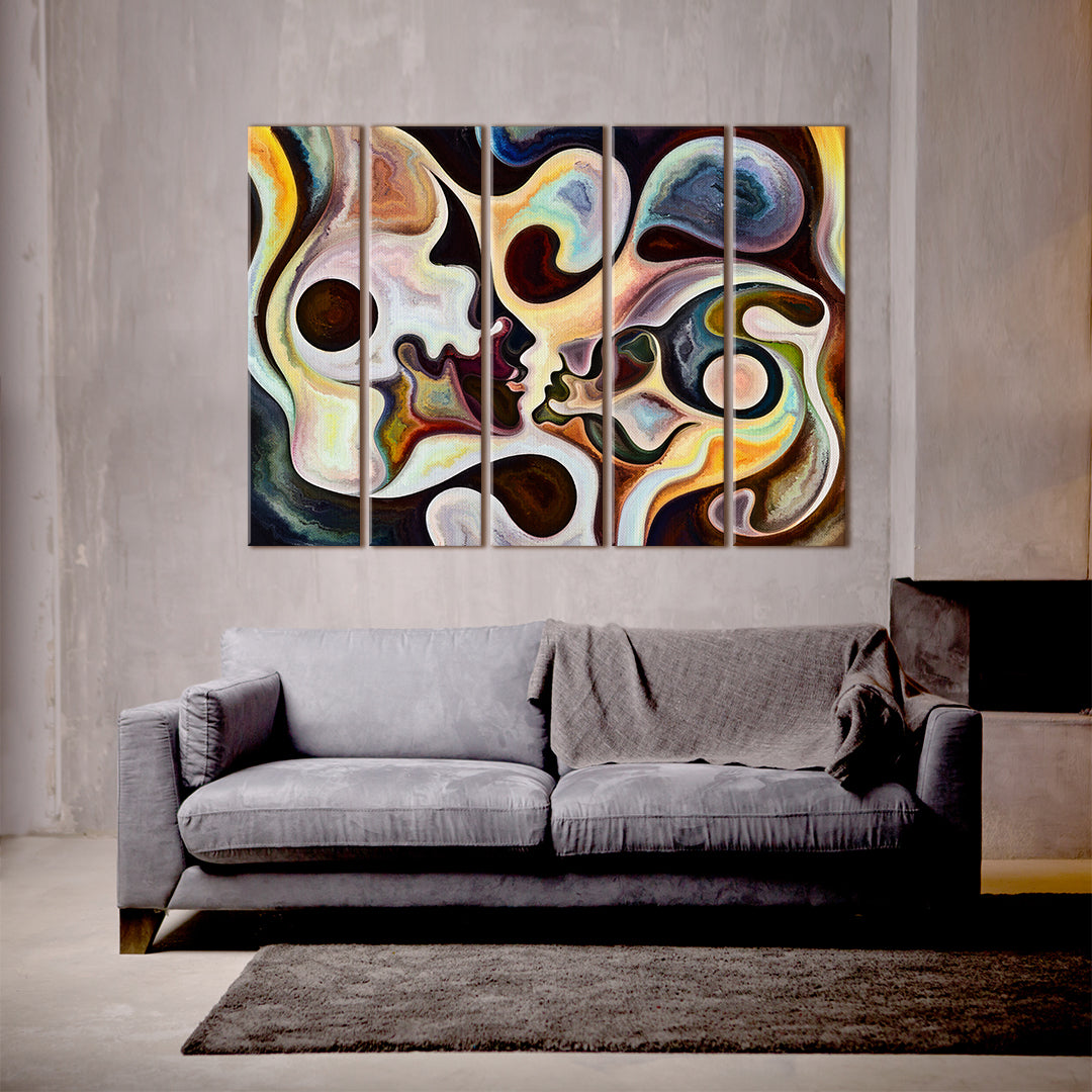 Multi Color Abstract Curves And Human Silhouettes Surreal Contemporary Art Artesty 5 panels 36" x 24" 