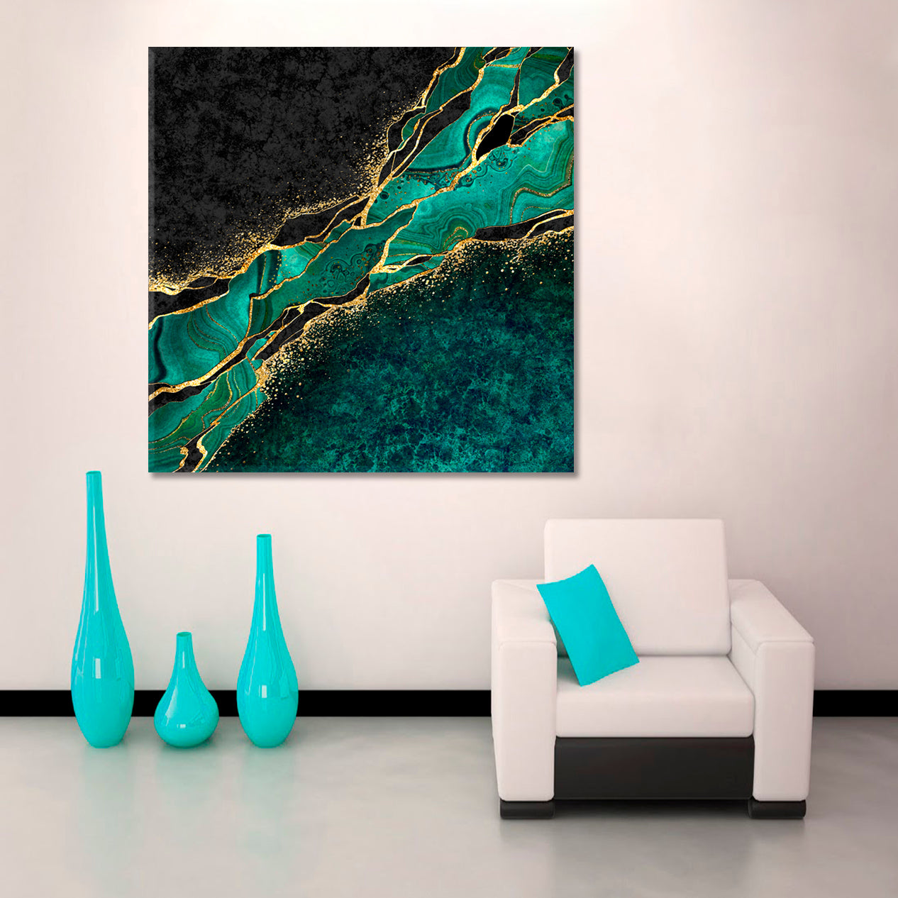 MALACHITE Japanese Kintsugi Technique Abstract Green Black Marble with Gold Veins Stone Canvas Print - Square Fluid Art, Oriental Marbling Canvas Print Artesty   