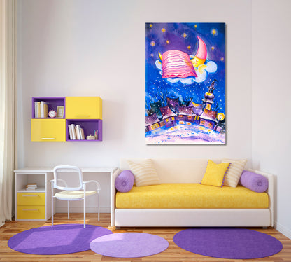 Sleeping Moon on Cloud Kids Room Concept Canvas Print | Vertical Kids Room Canvas Art Print Artesty   