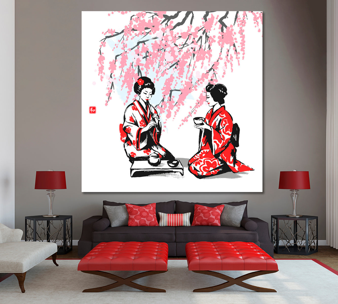 Oriental Branches Cherry and Two Girls Having Tea Japanese Style Canvas Print - Square Asian Style Canvas Print Wall Art Artesty   
