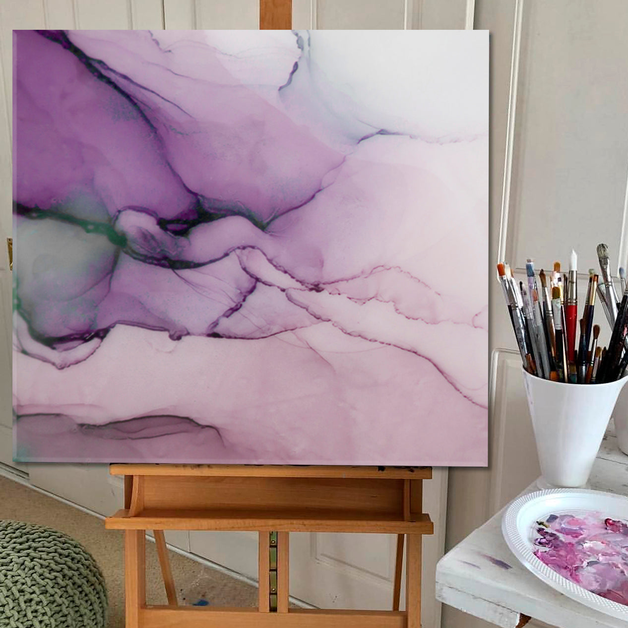 TRENDY MARBLE  Pearl Purple Swirls Agate Ripples Abstract Fluid Art  - Square Panel Fluid Art, Oriental Marbling Canvas Print Artesty   