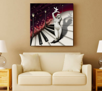 Woman Sculpture and Bird in Fantasy Piano World Abstract Artwork Music Wall Panels Artesty   