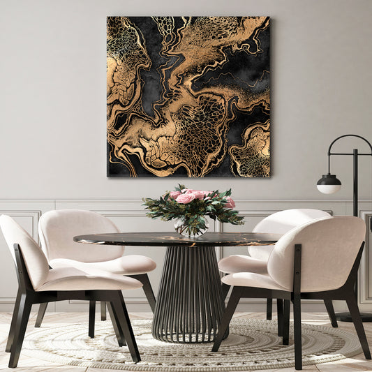 BLACK WITH GOLD EFFECT Marble Swirls Luxury Pattern Trendy Canvas Print - Square Abstract Art Print Artesty   