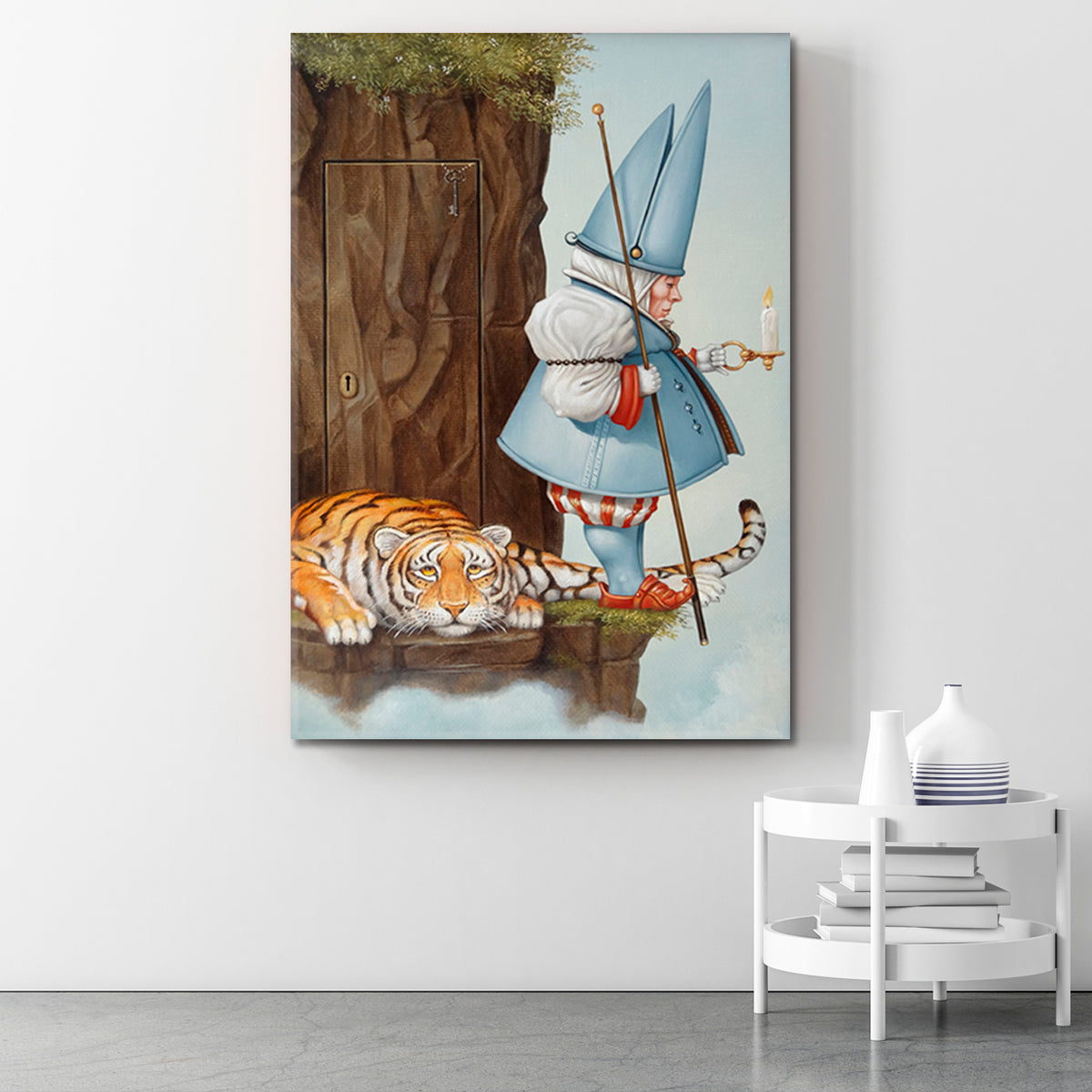SECRET DOOR Gnome With Candle & Tiger Surrealistic Painting Surreal Fantasy Large Art Print Décor Artesty 1 Panel 16"x24" 
