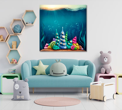 ART FOR KIDS Underwater Kingdom And Shells Kids Room Canvas Art Print Artesty 1 Panel 12"x12" 