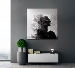 Delicate Mysterious Woman Portrait Tree Crowns Black and White Wall Art Print Artesty   