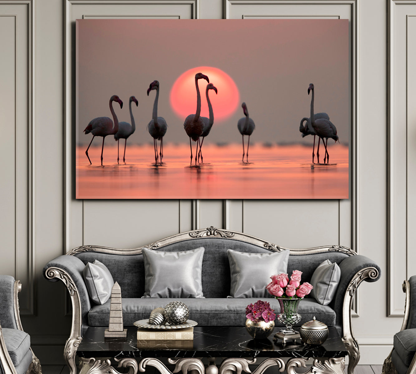 Asker Coast Greater Flamingos Amazing Coral Hue Sunset Dramatic Sky Wild Life Framed Art Artesty   