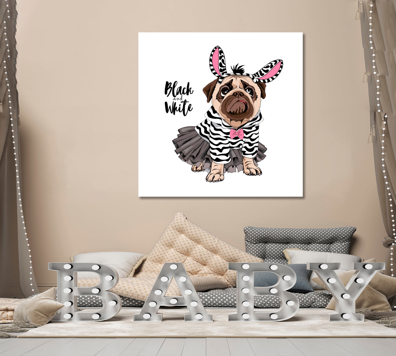Cute Puppy Pug Ballerina Tutu Striped Black & White Top Baby Girl Room Canvas Print | Square Panel Kids Room Canvas Art Print Artesty   