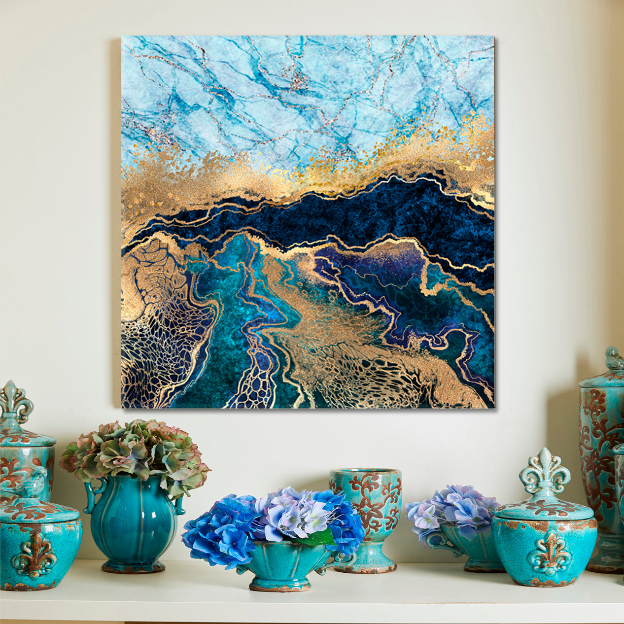 BLUE AND GOLDEN Swirls of Marble Fantastic Oriental Pattern - S Fluid Art, Oriental Marbling Canvas Print Artesty   