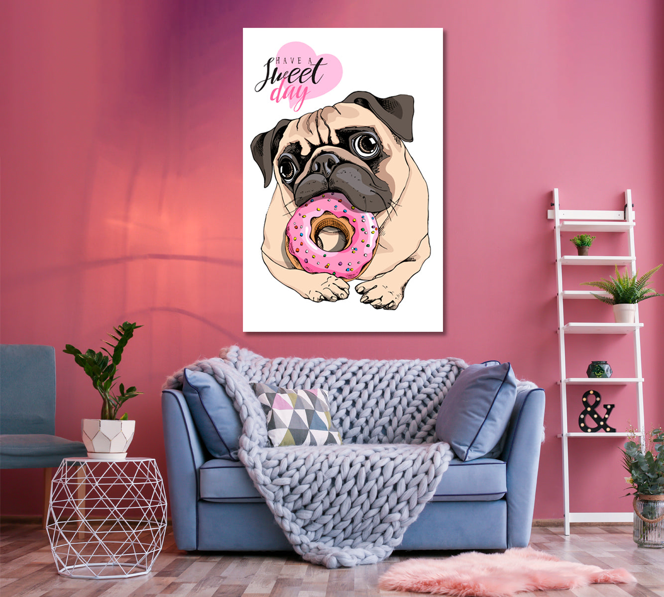 KIDS ART Adorable Cute Beige Puppy Pug Pink Donut Canvas Print | Vertical Animals Canvas Print Artesty   