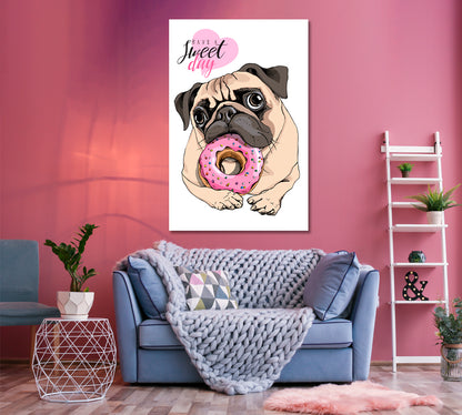 KIDS ART Adorable Cute Beige Puppy Pug Pink Donut Canvas Print | Vertical Animals Canvas Print Artesty   