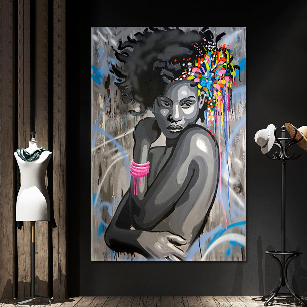 HAIRSTYLE African Beautiful Women Abstract Drip Art Graffiti Style - Vertical Contemporary Art Artesty   