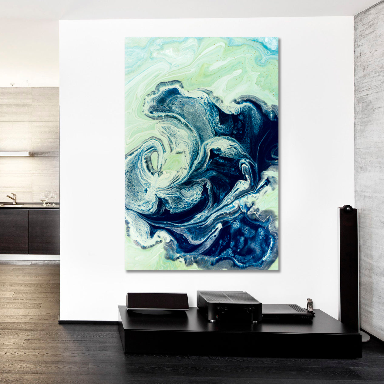 MARBLE Marbled Blue Green Abstract Liquid Pattern Fluid Oriental Style - Vertical Fluid Art, Oriental Marbling Canvas Print Artesty   