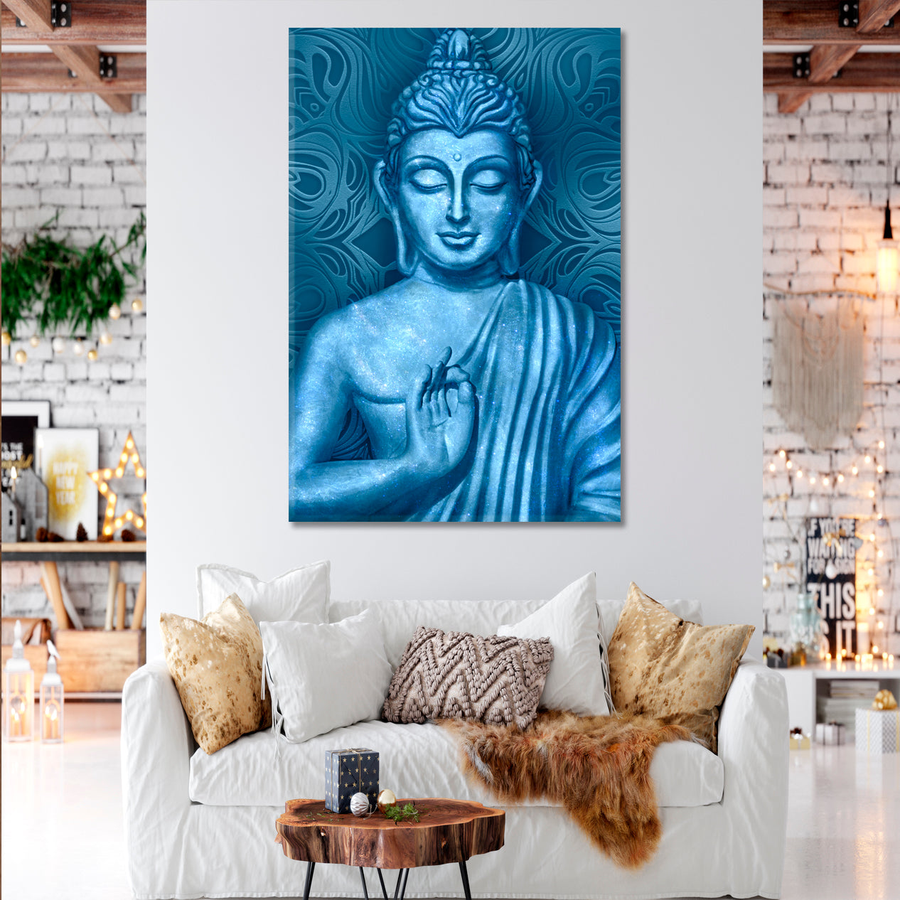 Buddha Lotus Pose Blue Painting Religious Modern Art Artesty   