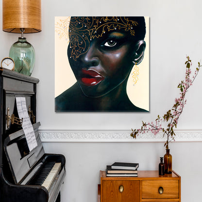 HOT CHOCOLATE  Stunning African Women Red Lips Canvas Print - Square Panel African Style Canvas Print Artesty   