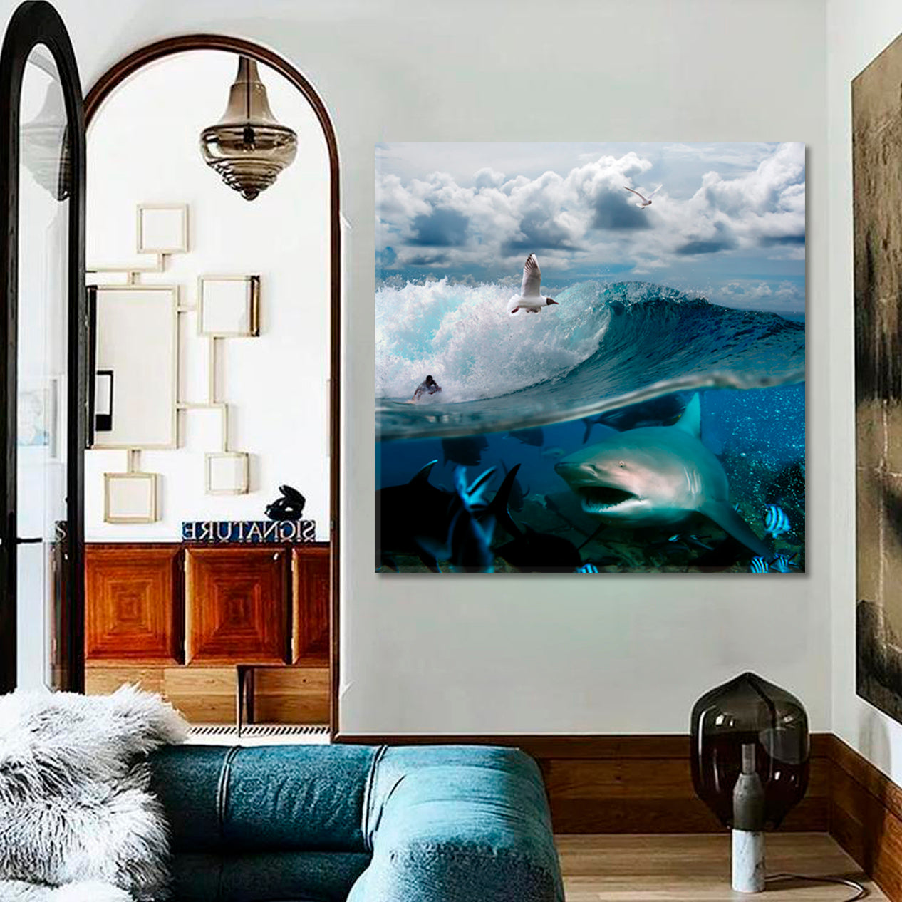 WILDLIFE Underwater Sea Life Breaking Wave Sky Seagulls Shark - S Nautical, Sea Life Pattern Art Artesty   