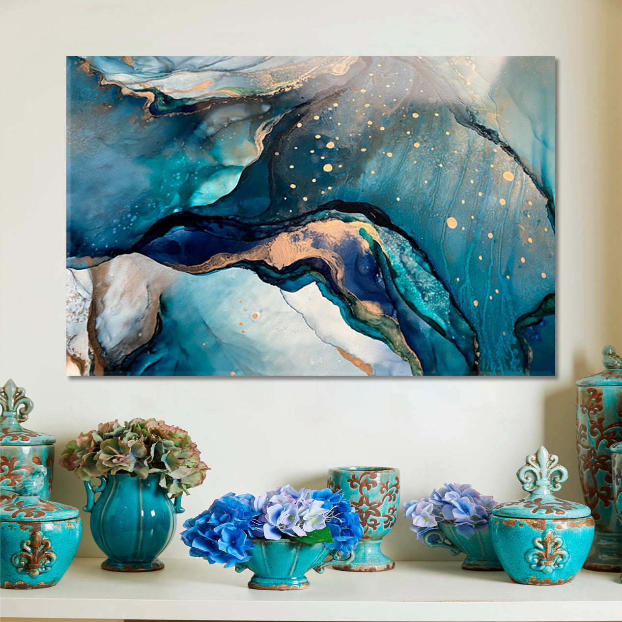 EMERALD SEA WAVES Marble Stunning Turquoise Light Blue Abstract Fluid Art, Oriental Marbling Canvas Print Artesty   