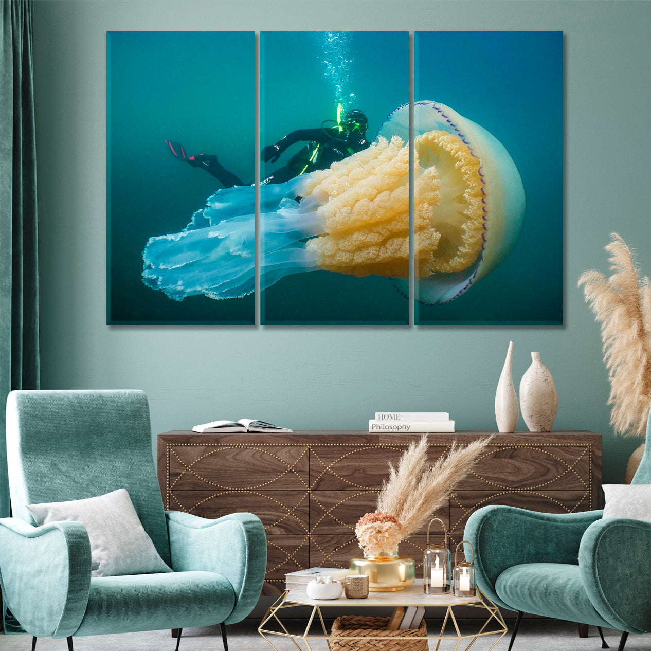 DEEP SEA Underwater Diving Giant Lion's Mane Jellyfish Medusa Ocean Nautical, Sea Life Pattern Art Artesty 3 panels 36" x 24" 