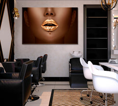 Beautiful Golden Lipstick Dripping Makeup Gold Lips Beauty Salon Artwork Prints Artesty 1 panel 24" x 16" 