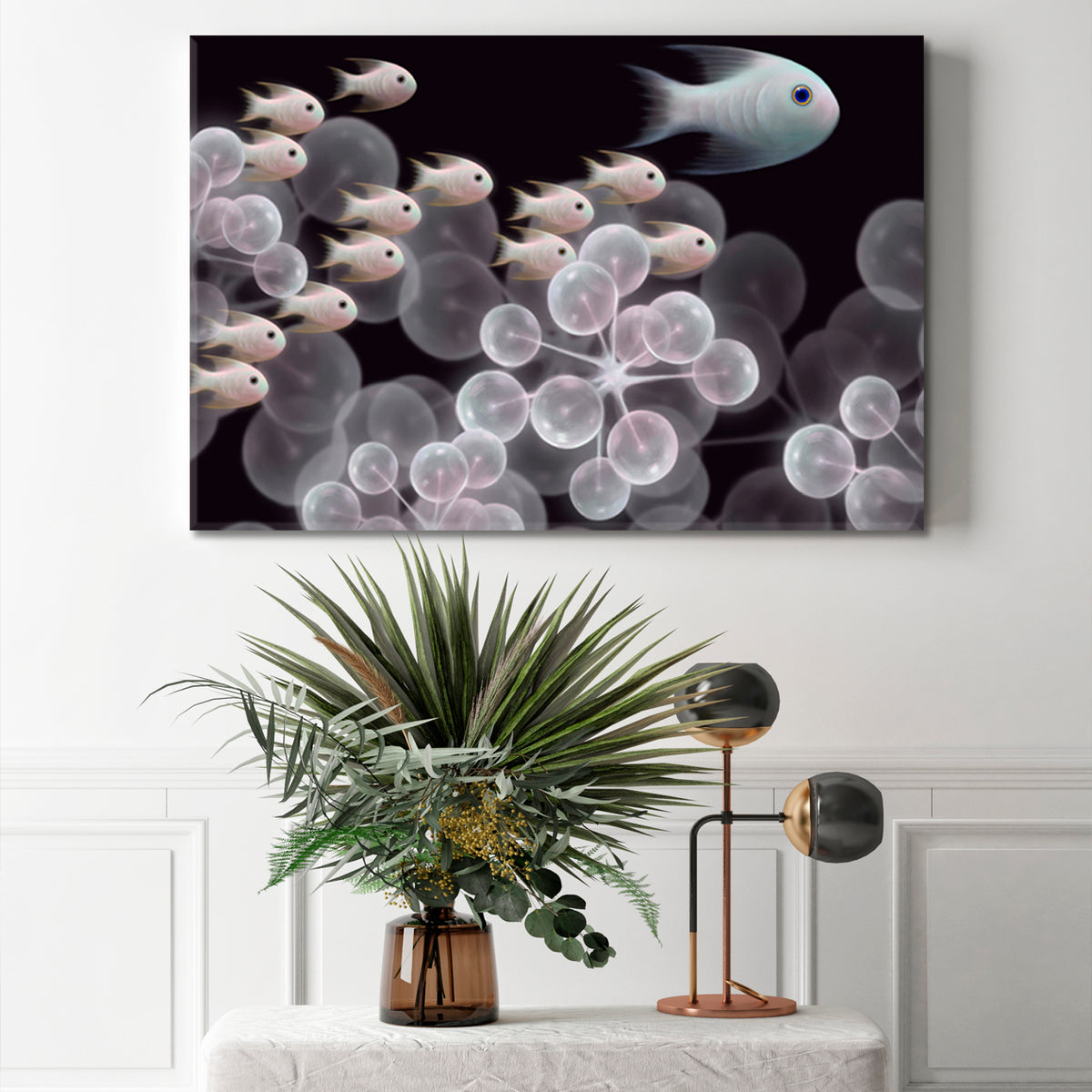 INNER UNIVERSE Live Organism Molecules And Schooling Fish Abstract Fantasy Nautical, Sea Life Pattern Art Artesty 1 panel 24" x 16" 