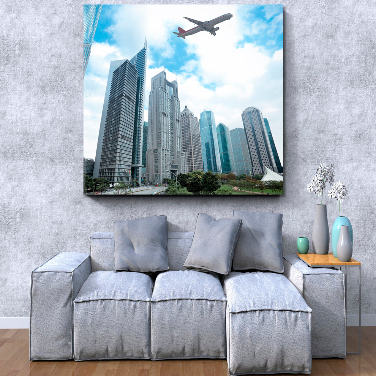 Modern Building Airplane Under Sky Shanghai Skyscrapers Cities Wall Art Artesty   