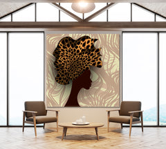 African Woman Portrait Soft Beige Tones Jungle Afro Safari Tropical Pattern African Style Canvas Print Artesty   