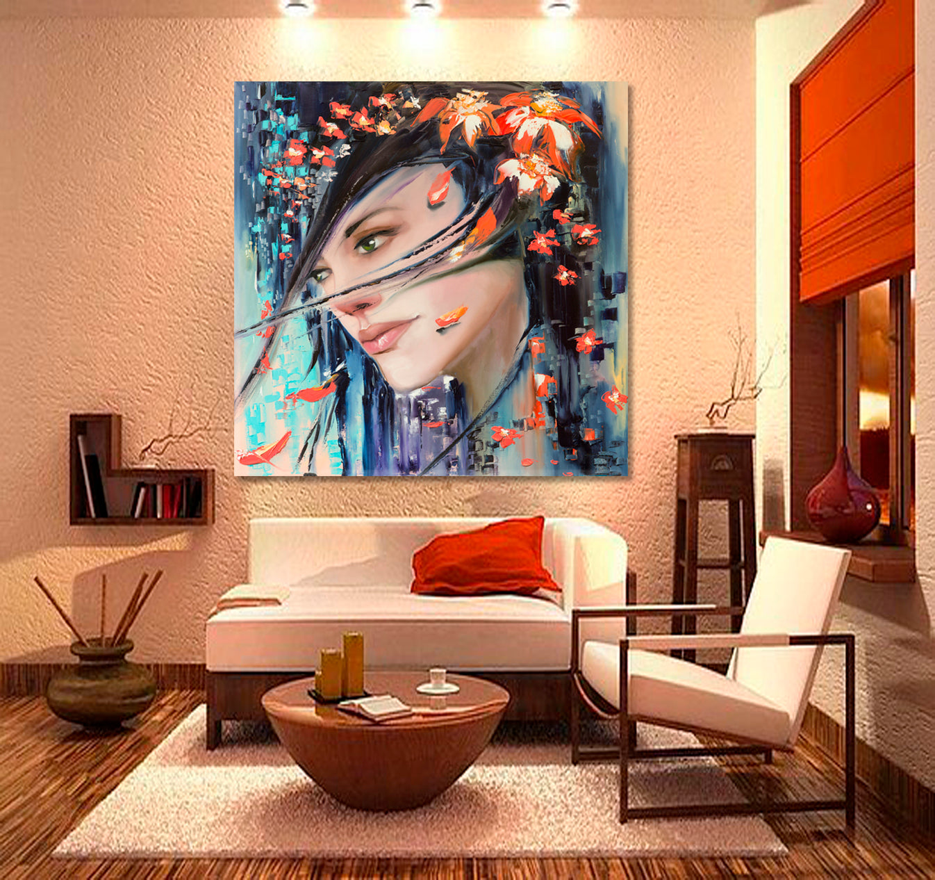 LADY AUTUMN Beautiful Fantasy Woman with Flowers and Tree Leaves Contemporary Art - Square Panel People Portrait Wall Hangings Artesty   