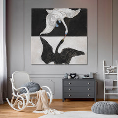 BLACK & WHITE SWAN Abstract Modern Hilma Klint Style - S Fine Art Artesty 1 Panel 12"x12" 