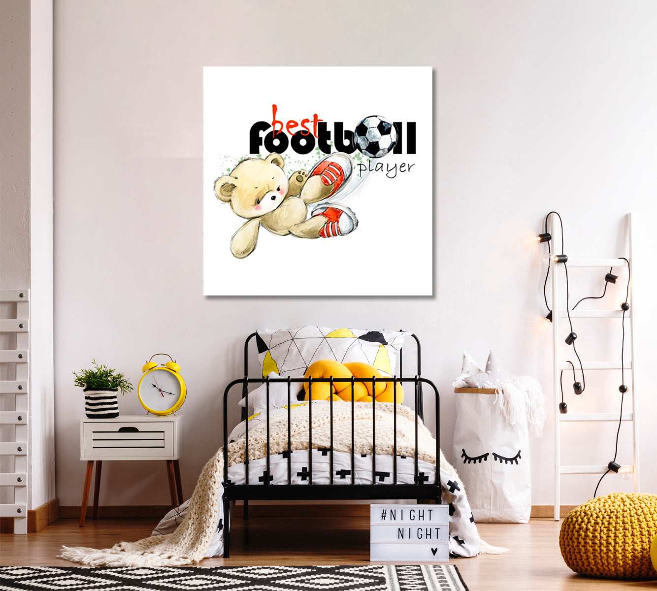 Cute Teddy Bear Soccer Player Football Sweet Kids Baby Nursery Room Canvas Print | Square Panel Kids Room Canvas Art Print Artesty   