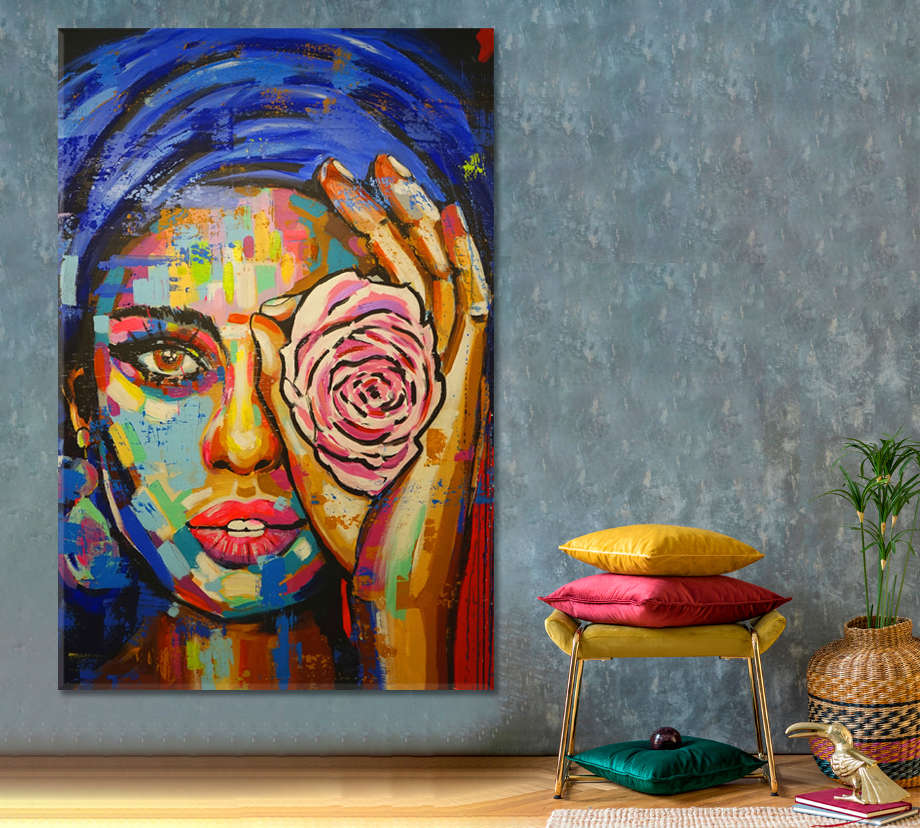 Beautiful Girl With Rose Colorful Canvas Print - Vertical People Portrait Wall Hangings Artesty   