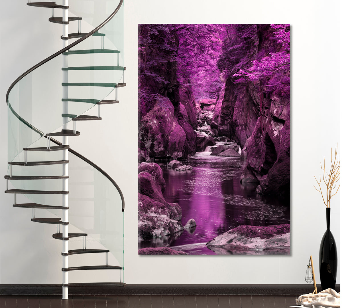 Beautiful Ethereal Landscape Deep-sided Gorge Rock Walls Stream Flowing Surreal Purple Foliage - Vertical Scenery Landscape Fine Art Print Artesty 1 Panel 16"x24" 