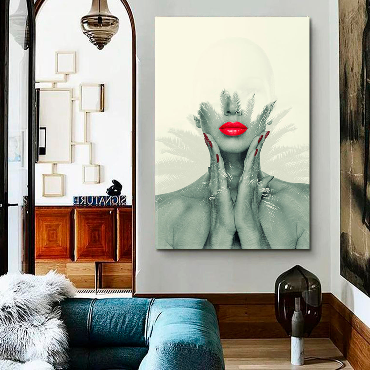 MODERN ABSTRACT ART Beautiful Woman Red Lips Tropical Palms Contemporary Art Artesty   