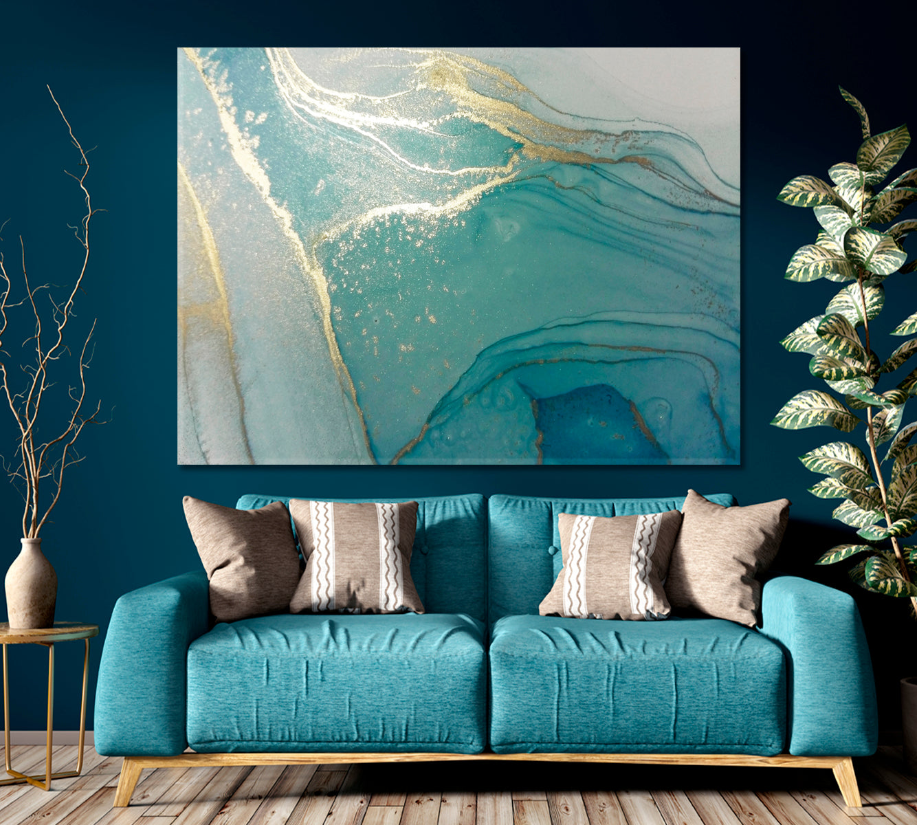 TURQUOISE MINT GOLD Luxury Abstract Fluid Alcohol Ink Fluid Art, Oriental Marbling Canvas Print Artesty   