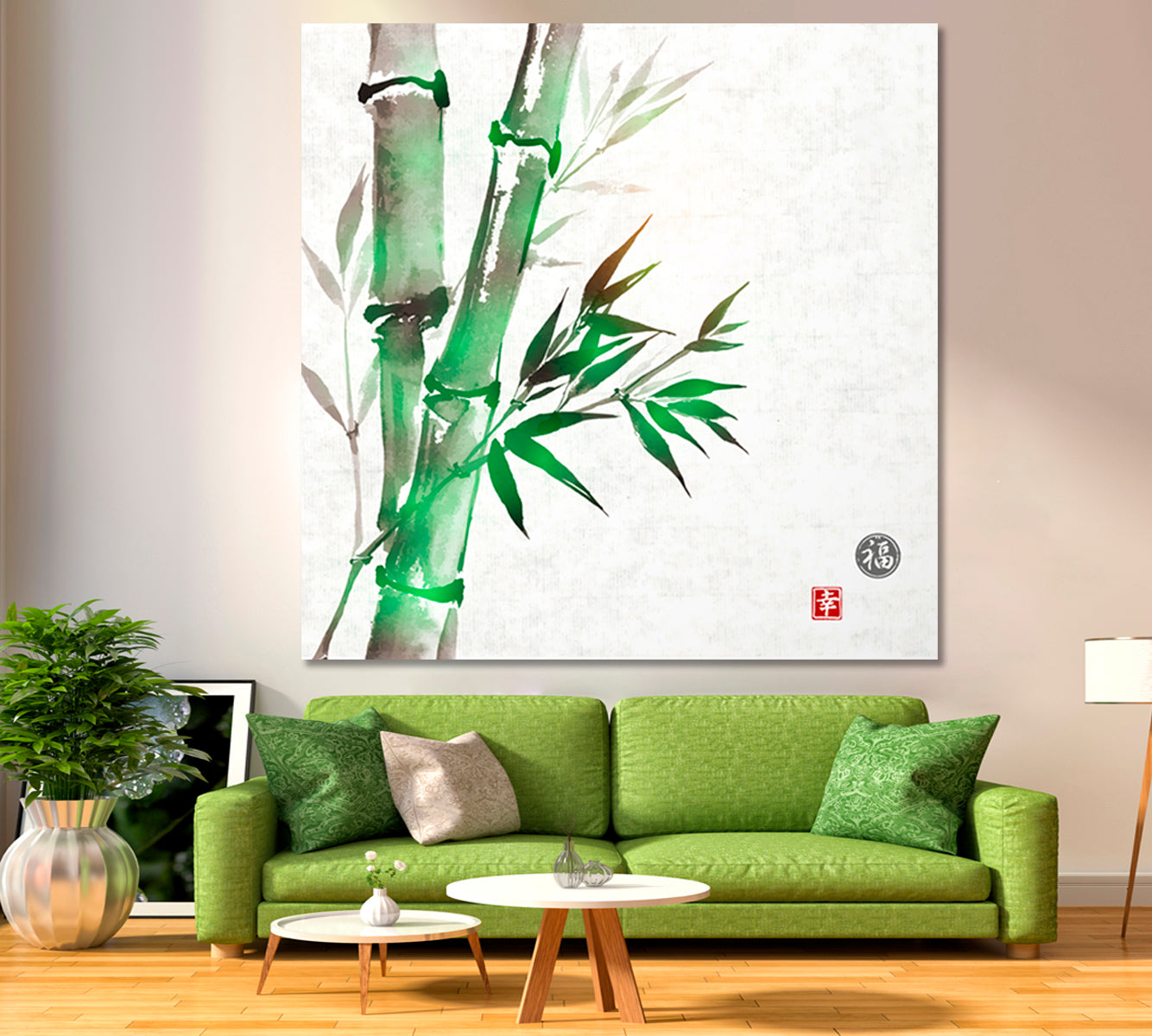 LUCK AND HAPPINESS Green Bamboo Sumi-e style ZEN Canvas Print - Square Asian Style Canvas Print Wall Art Artesty   