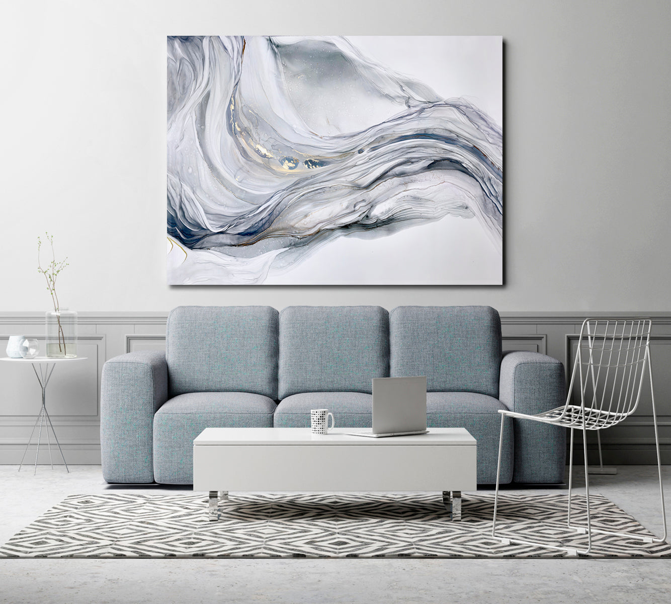 Beautiful Tender Blue Gray Abstract Waves Marble Effect Painting Fluid Art, Oriental Marbling Canvas Print Artesty   