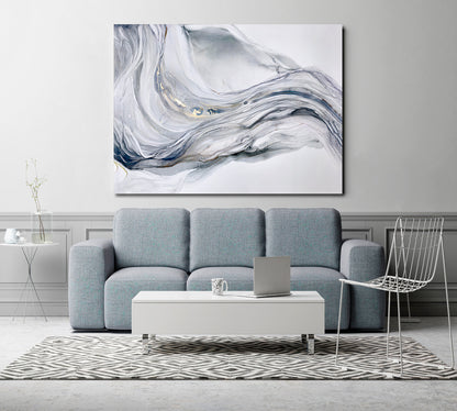 Beautiful Tender Blue Gray Abstract Waves Marble Effect Painting Fluid Art, Oriental Marbling Canvas Print Artesty   