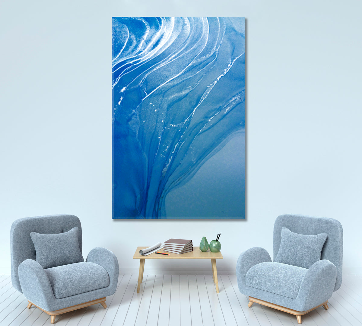 BLUE SHADES Beautiful Marble Pattern Fluid Art, Oriental Marbling Canvas Print Artesty 1 Panel 16"x24" 