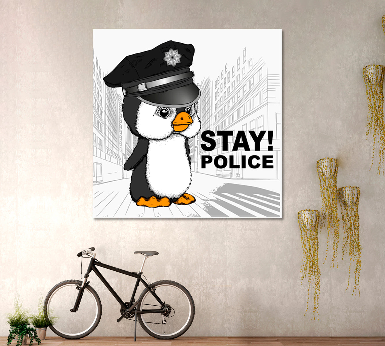 Cute Sweet Penguin Police Cap, Funny Whimsy Animals KIDS ROOM CONCEPT Canvas Print | Square Panel Kids Room Canvas Art Print Artesty   