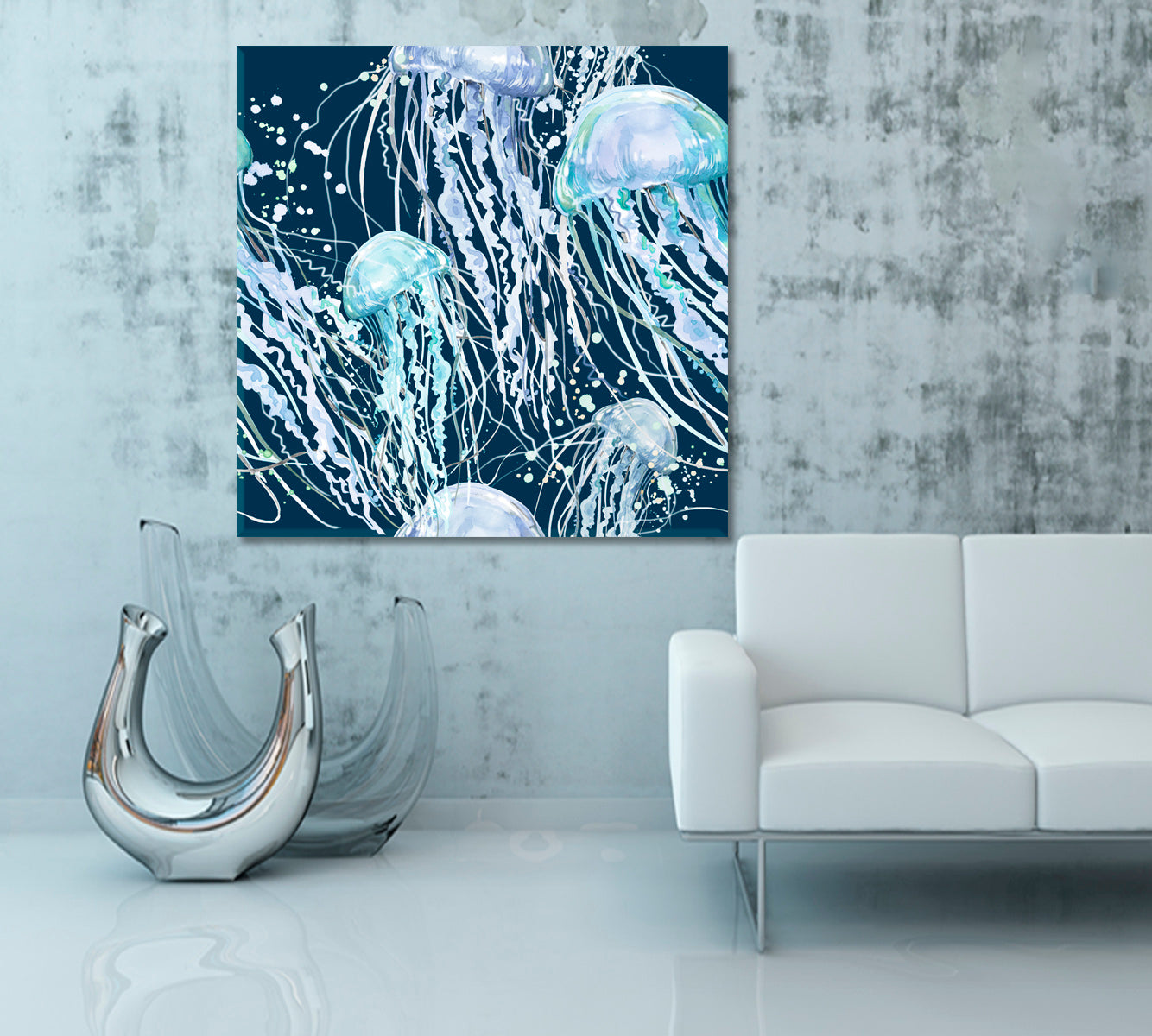 JELLYFISH | Blue Ocean Abstract Jellyfish Canvas Print - Square Panel Nautical, Sea Life Pattern Art Artesty   