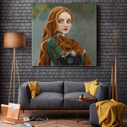 RED FOX GINGER STORY Girl Red Hair Lady Green Dress Surreal Fairy Tale Kids Room Canvas Art Print Artesty   