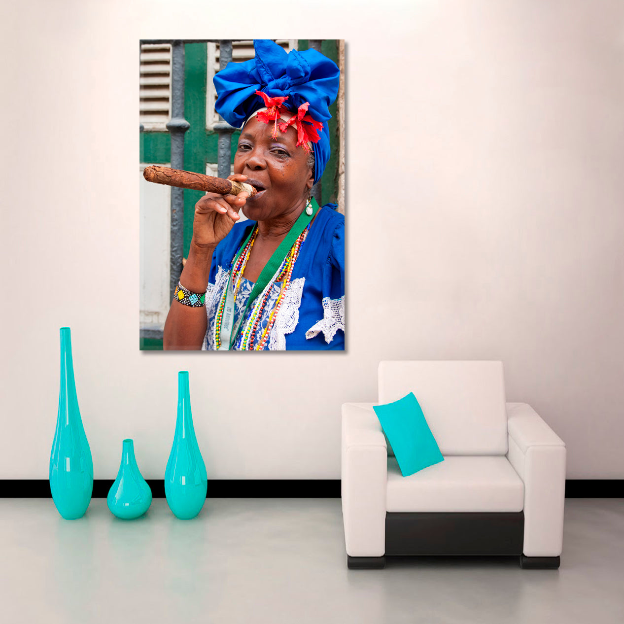 Havana Iconic distinct culture Cuba Attraction Lady Smoking Huge Cigar Canvas Print - Vertical Photo Art Artesty 1 Panel 16"x24" 