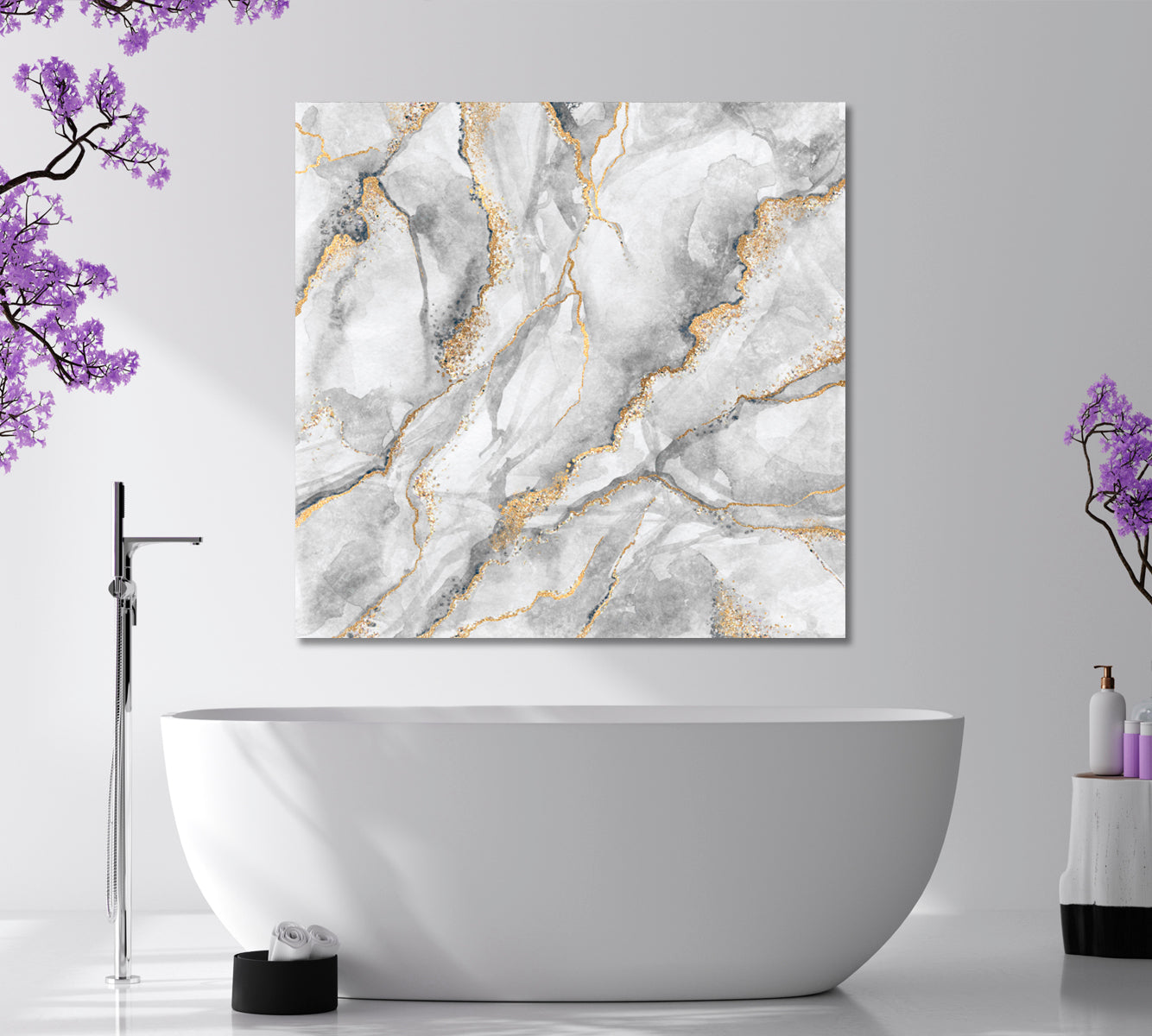Gray & Gold Abstract Marble Canvas Print - Square Fluid Art, Oriental Marbling Canvas Print Artesty   