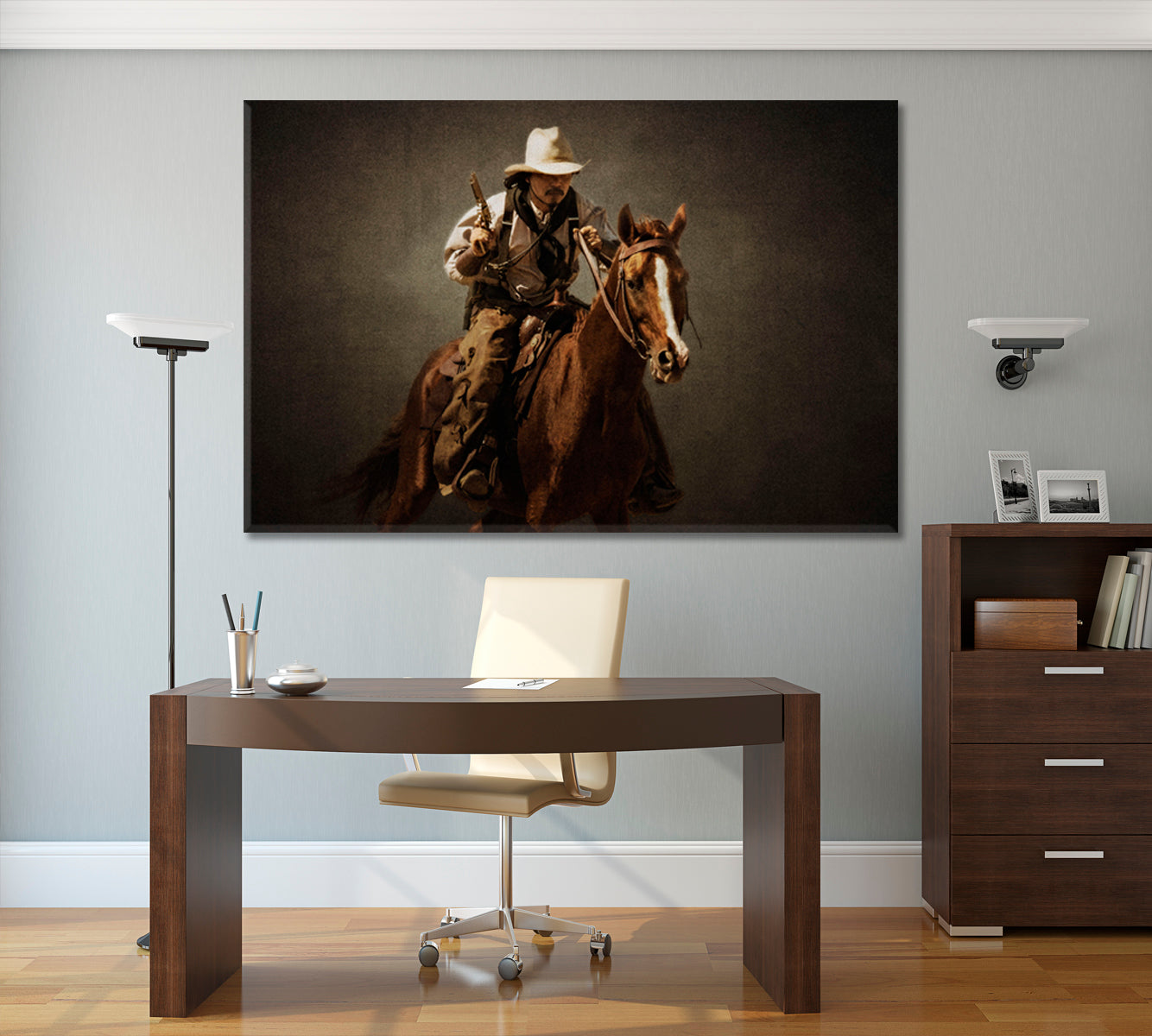 WILD WEST Vintage Western Cowboy Riding Horse with Gun Retro Vintage Affordable Canvas Print Artesty 1 panel 24" x 16" 