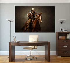 WILD WEST Vintage Western Cowboy Riding Horse with Gun Retro Vintage Affordable Canvas Print Artesty 1 panel 24" x 16" 
