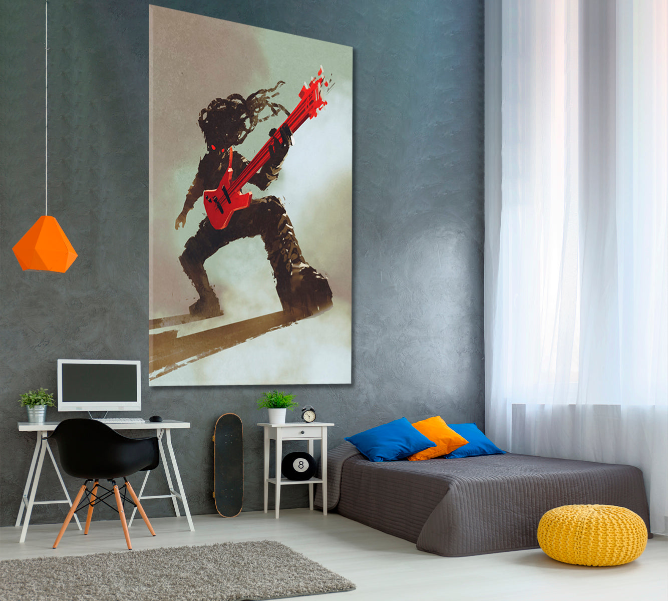 Rock & Roll Rocker Guitarist Playing Red Guitar, Music Canvas Print  - Vertical Music Wall Panels Artesty   