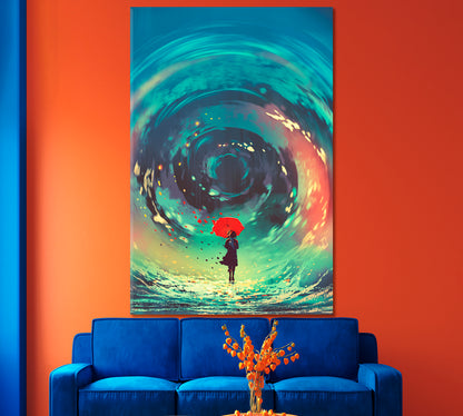 IMAGINATION Surreal Whirlpool Girl Red Umbrella Swirling Sky Fantasy Surreal Fantasy Large Art Print Décor Artesty   