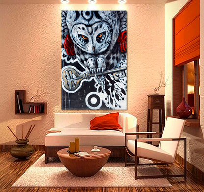 OWL AND KEY Secrets Keeper, Wisdom Honor Knowledge Urban Graffiti Street Art Canvas Print - Vertical Street Art Canvas Print Artesty   