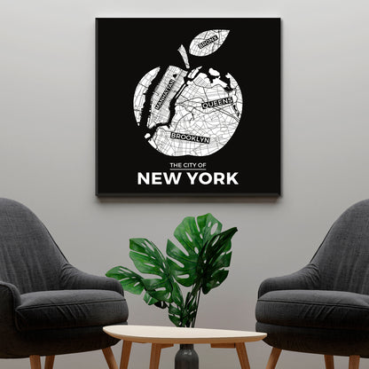 New York Big Apple City Map Typography Style Poster Maps Canvas Artwork Artesty 1 Panel 12"x12" 